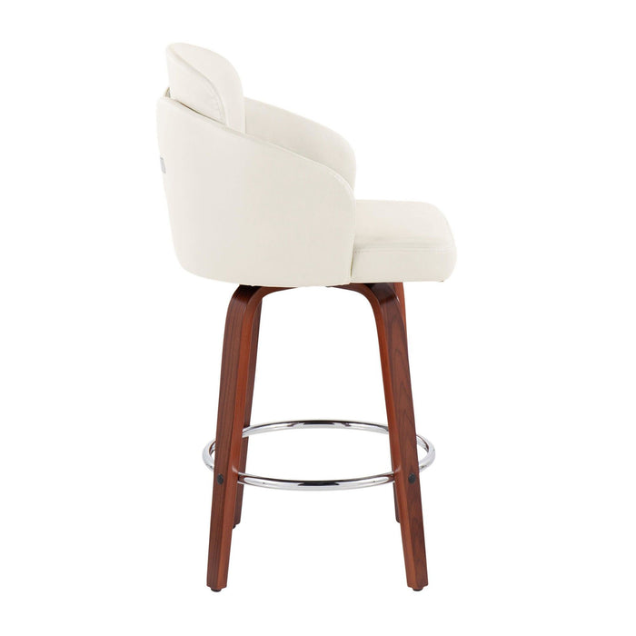Dahlia - Fixed-Height Counter Stool (Set of 2) - Walnut Wood, Cream Faux Leather, Chrome Metal