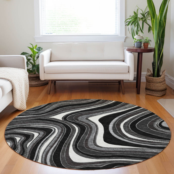 8' Marble Washable Round Rug With UV Protection - Black