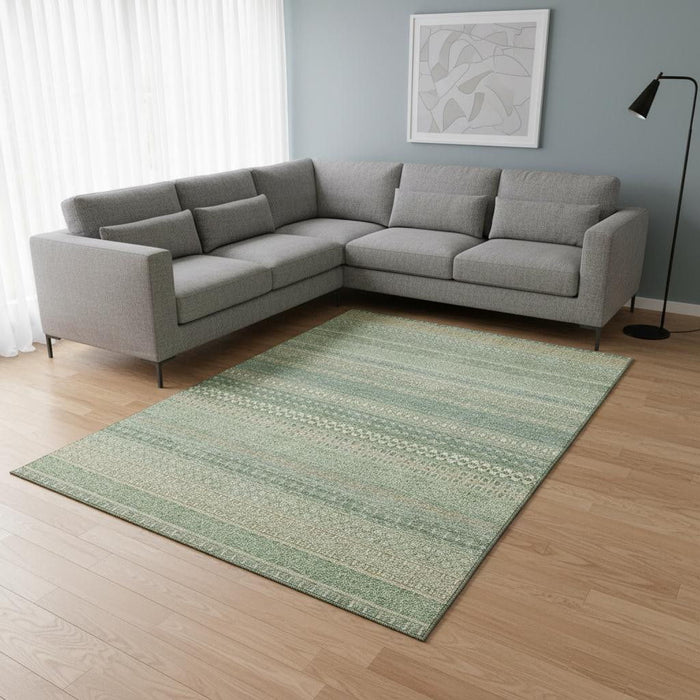 8' X 10' Striped Washable Area Rug With UV Protection (647486) - Fern Green / Ivory