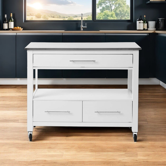 43" Rolling Kitchen Island With Storage - White / Silver