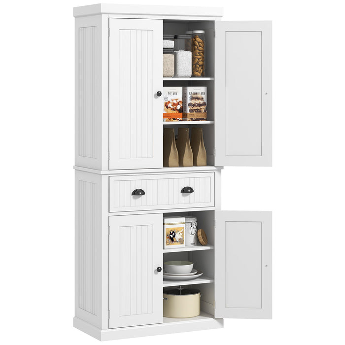 Giga Homcom 72-inch white kitchen pantry with adjustable shelves, drawers, doors, and tall freestanding storage cabinet.