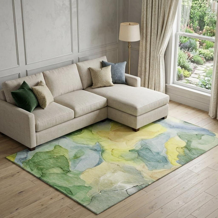 10' X 14' Abstract Washable Area Rug With UV Protection (646752) - Yellow / Blue / Beige