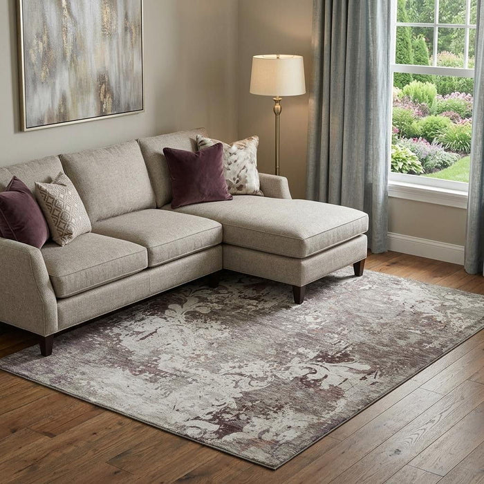 10' X 14' Damask Washable Area Rug With UV Protection (674377) - Taupe / Beige / Gray