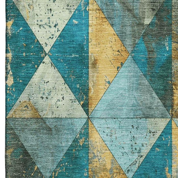 10' X 14' Geometric Washable Area Rug With UV Protection (699106) - Teal / Gold / Ivory