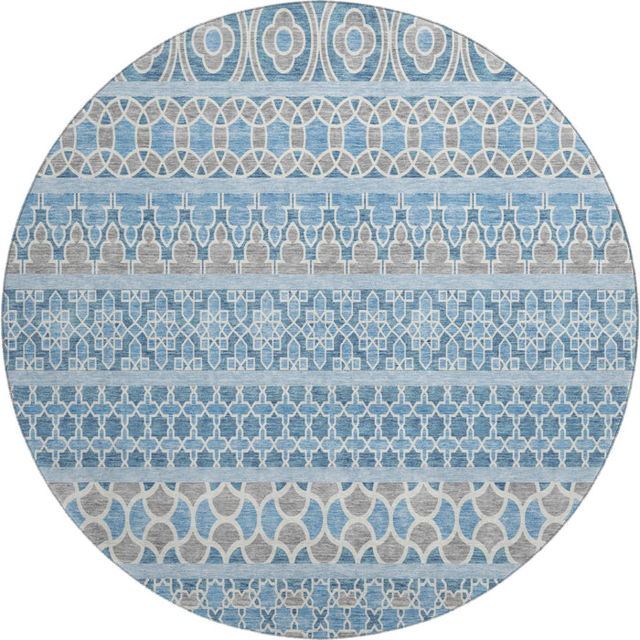 8' Transitional Ikat Washable Round Rug With UV Protection - Sky Blue