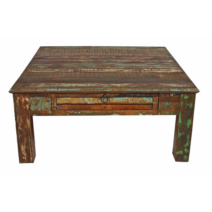 Square Distressed Wooden Coffee Table - Green and Brown