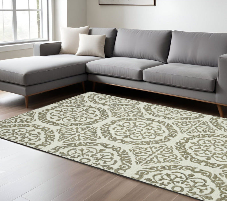 8' X 11' Wool Medallion Hand Hooked Area Rug - Ivory And Light
