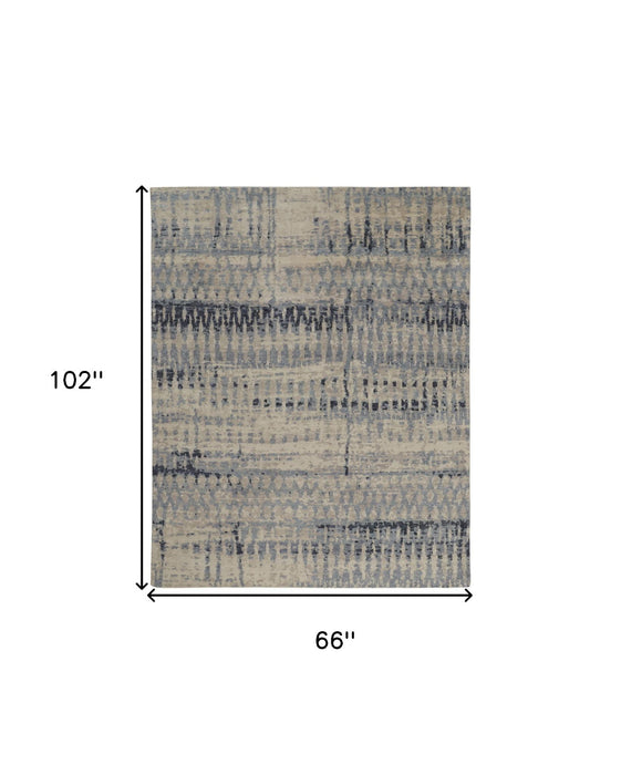 6' x 9' Wool Abstract Hand Knotted Area Rug - Gray Blue And Ivory