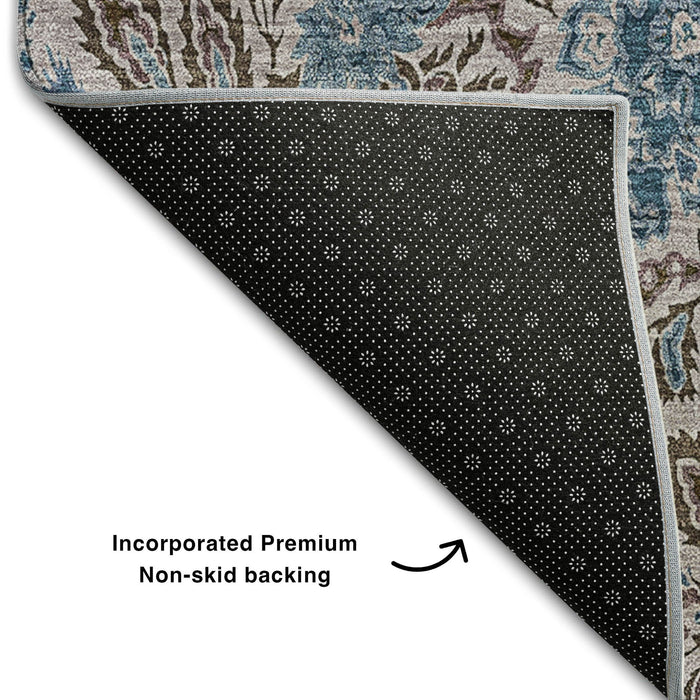 10' X 14' Floral Washable Area Rug With UV Protection (654994) - Coffee / Blue