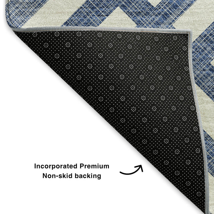 10' X 14' Geometric Washable Area Rug With UV Protection (652389) - Navy Blue / Ivory