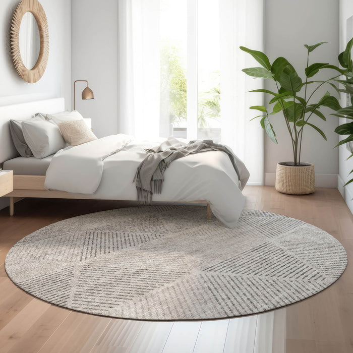8' Geometric Washable Round Rug With UV Protection - Taupe And Ivory