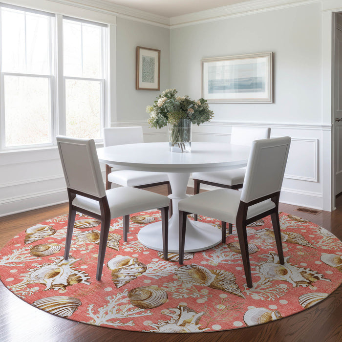 8' Coastal Geometric Washable Round Rug With UV Protection - Peach