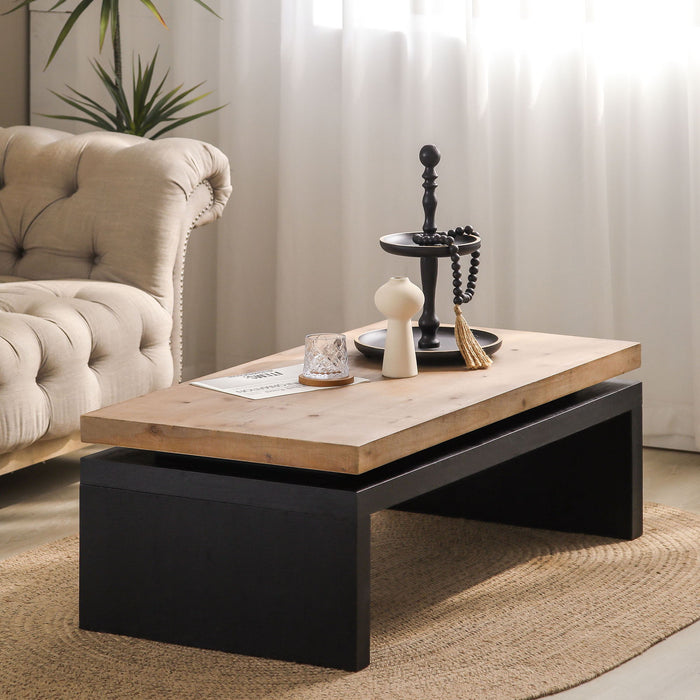 Giga rectangular coffee table with natural wood finish, black and multi-tone options, ideal for living room center.