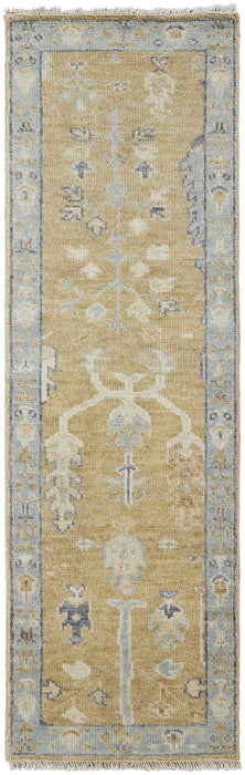 8' Wool Floral Hand Knotted Stain Resistant Runner Rug With Fringe - Gold Blue And Gray