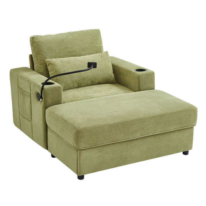 Giga modern stationary armchair and chaise lounge sofa with movable ottoman, USB ports, cup holders, phone holder, and side pockets.