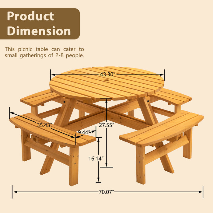 Giga 8-person wooden picnic table with built-in benches, outdoor camping dining table for garden or outdoor use.