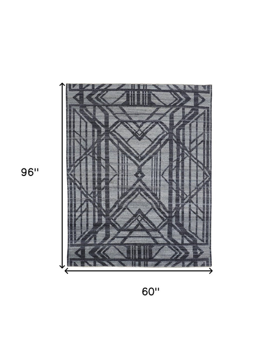 5' X 8' Wool Geometric Hand Knotted Area Rug - Gray And Blue