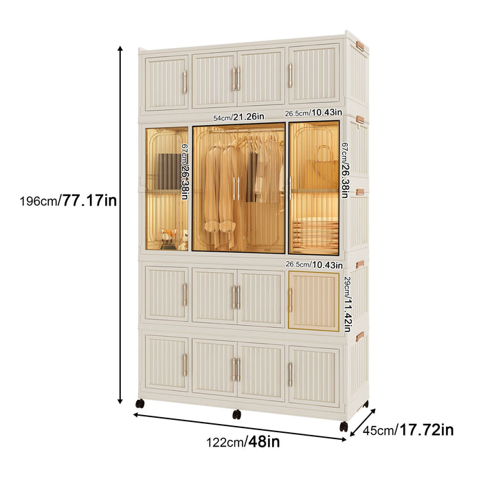 Creamy white Giga portable wardrobe closet with 17 magnetic doors, 17 storage cubes, hanging rod, and 6 hangers inside.