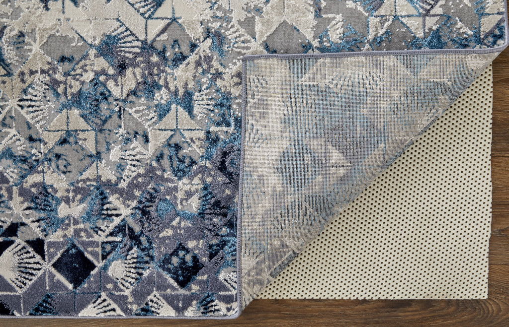 7' x 10' Geometric Power Loom Distressed Area Rug - Blue Ivory And Gray