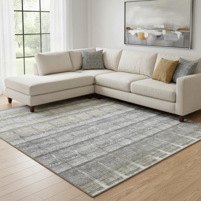 9' X 12' Striped Washable Area Rug With UV Protection (652862) - Gray / Ivory / Gold