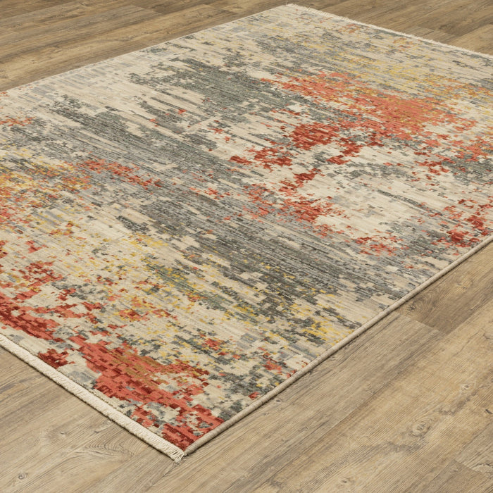 8' X 11' Abstract Area Rug With Fringe - Beige And Pink