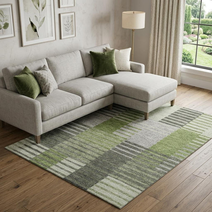 10' X 14' Striped Washable Area Rug With UV Protection (656256) - Green / Ivory / Gray