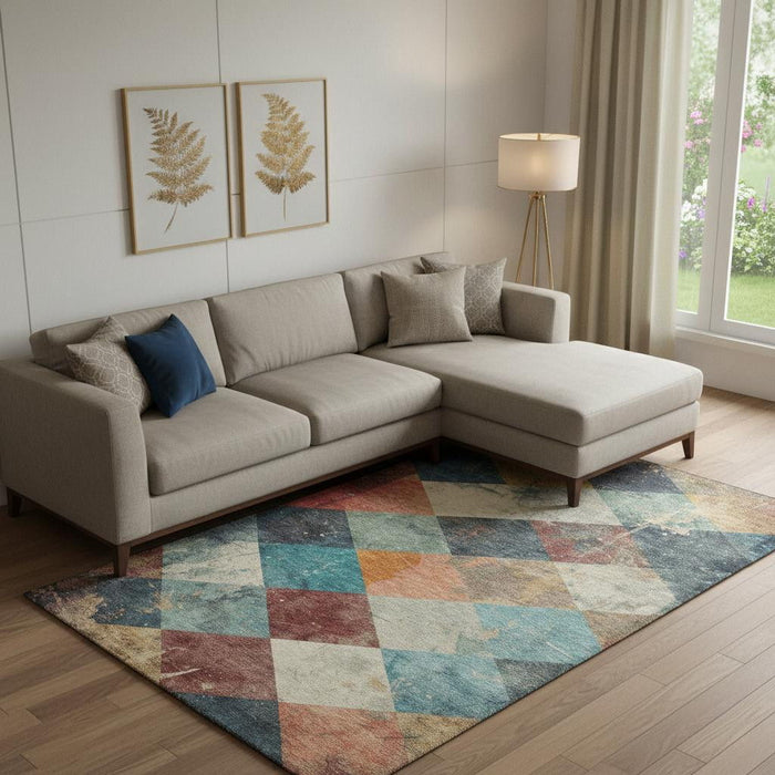 10' X 14' Geometric Washable Area Rug With UV Protection (709312) - Navy Blue / Orange / Red