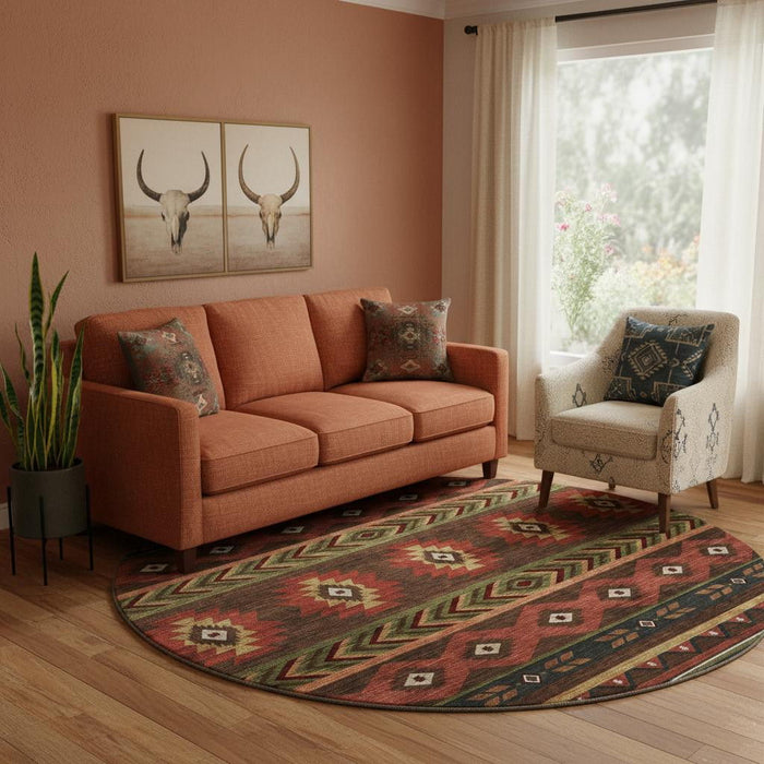 8' Geometric Washable Round Rug With UV Protection (645657) - Brown / Green / Rust