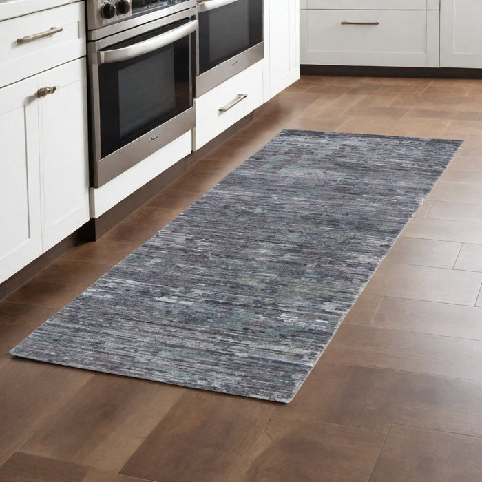 8' Wool Abstract Hand Knotted Runner Rug - Blue And Gray