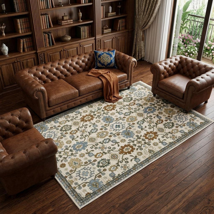 8' X 11' Floral Area Rug With Fringe (575090) - Ivory / Blue / Brown