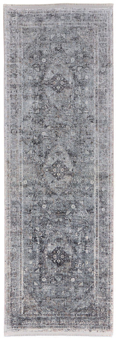 8' Oriental Power Loom Worn Faded Runner Rug - Gray And Silver