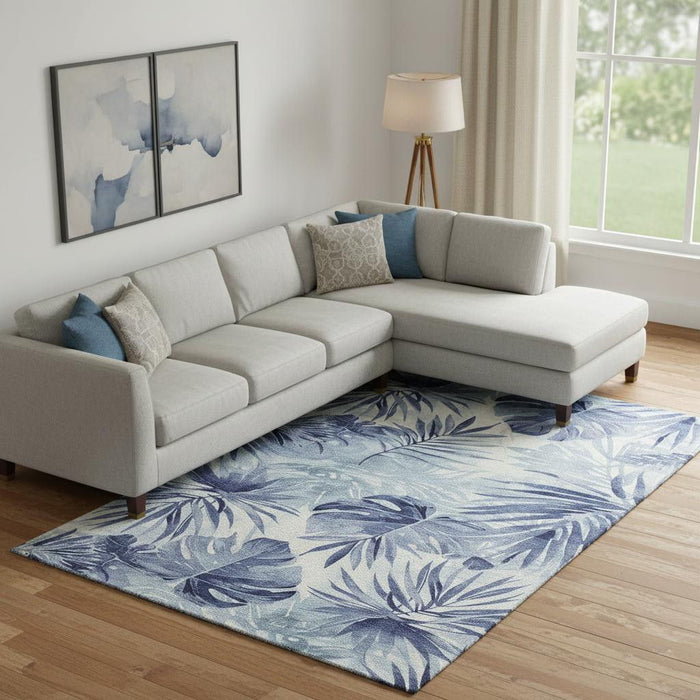 10' X 14' Floral Washable Area Rug With UV Protection (706933) - Blue / Ivory