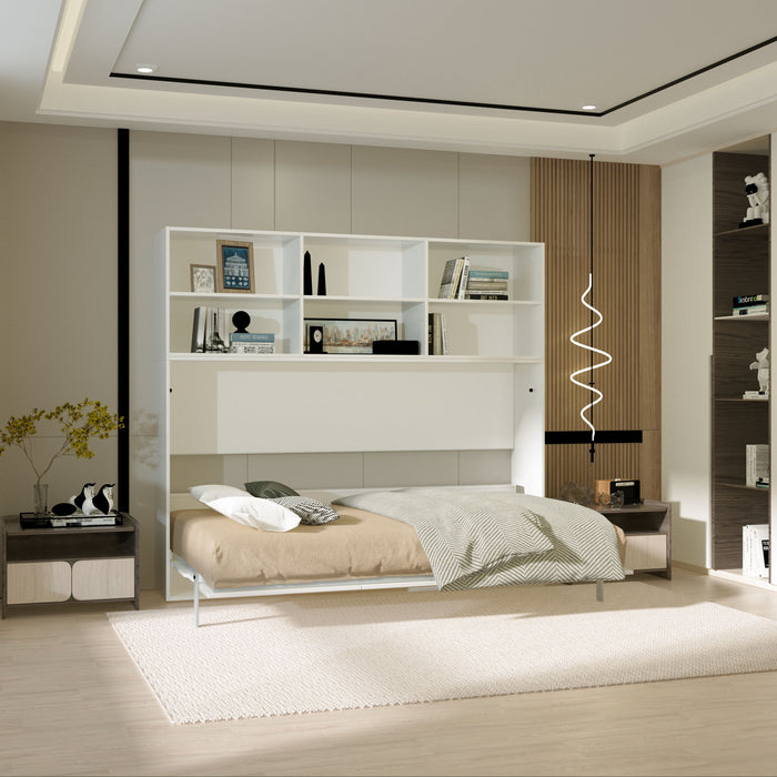 Modern Giga twin size horizontal Murphy bed with shelf storage, wall bed with gas struts, white, space-saving design for bedroom or guestroom.