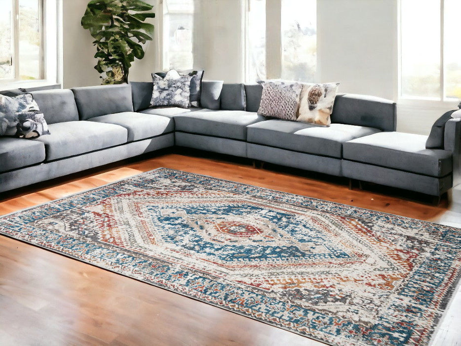 8' x 10' Geometric Distressed Area Rug With Fringe - Teal Taupe And Rust