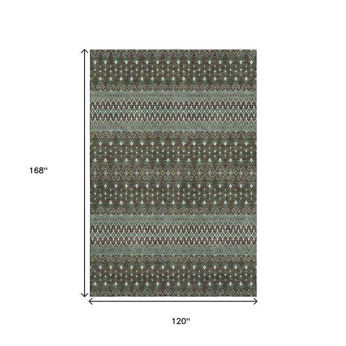 10' X 14' Tribal Washable Area Rug With UV Protection (657101) - Brown / Taupe