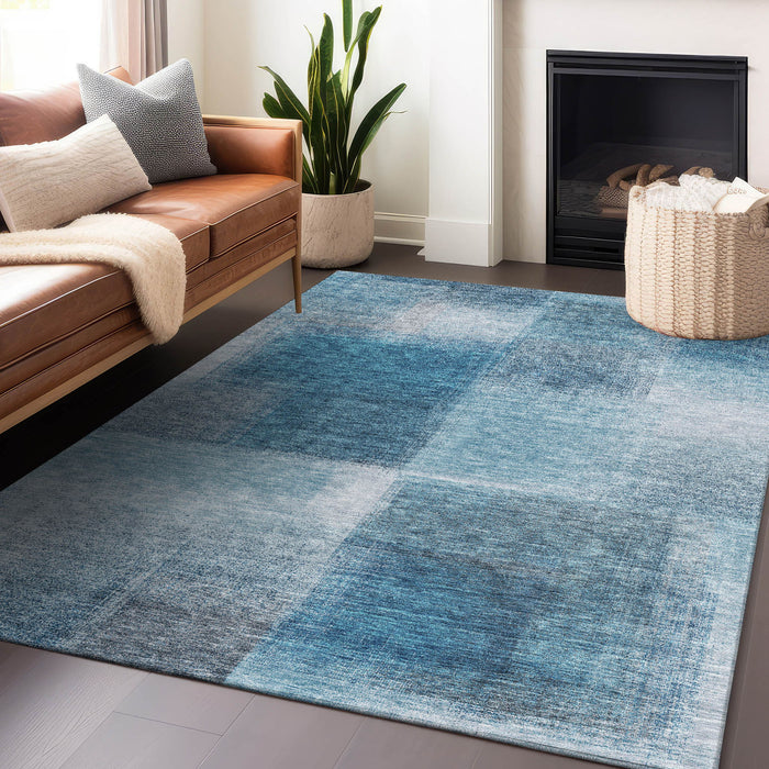 10' X 14' Abstract Washable Area Rug With UV Protection - Denim Blue / Ivory