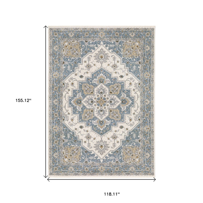 10' X 13' Medallion Distressed Area Rug With Fringe - Blue And Ivory