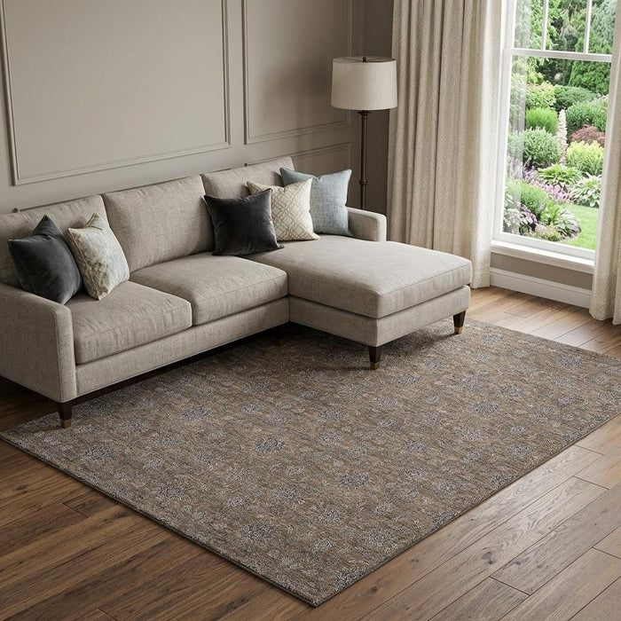 10' X 14' Floral Washable Area Rug With UV Protection (656813) - Chocolate / Gray / Charcoal
