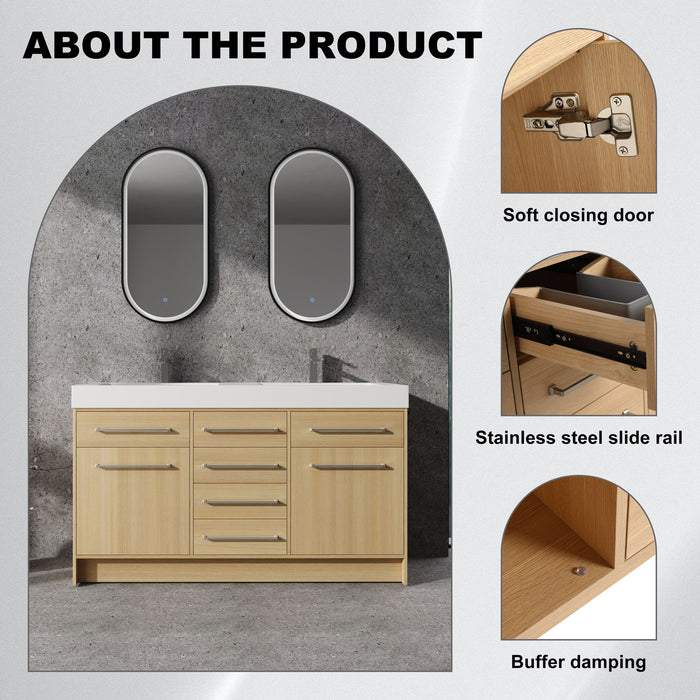 Giga freestanding bathroom vanity with resin sink, soft-closing doors and drawers, modern design, and sleek finish.