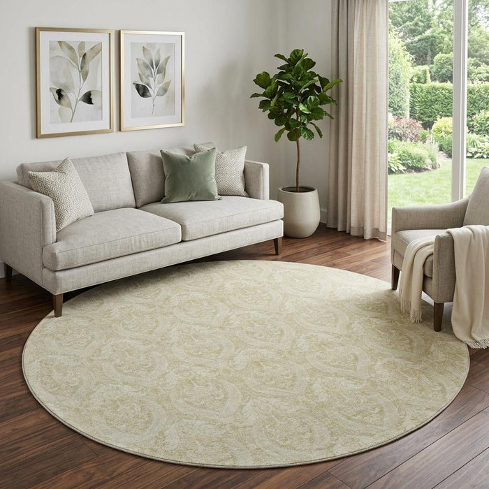 8' Floral Washable Round Rug With UV Protection (649771) - Beige / Ivory