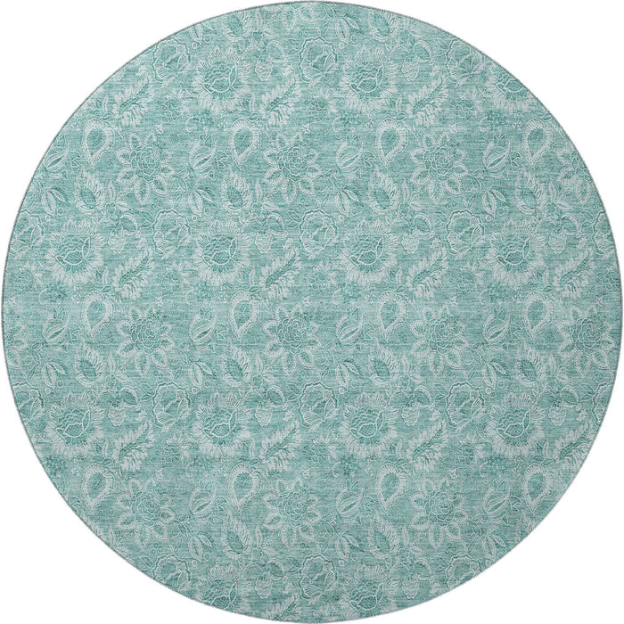 8' Floral Washable Round Rug With UV Protection (655153) - Teal / Ivory