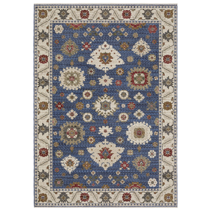10' X 13' Floral Area Rug With Fringe - Blue And Ivory
