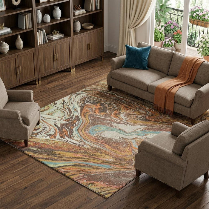 10' X 14' Abstract Washable Area Rug With UV Protection (683117) - Khaki / Blue / Copper
