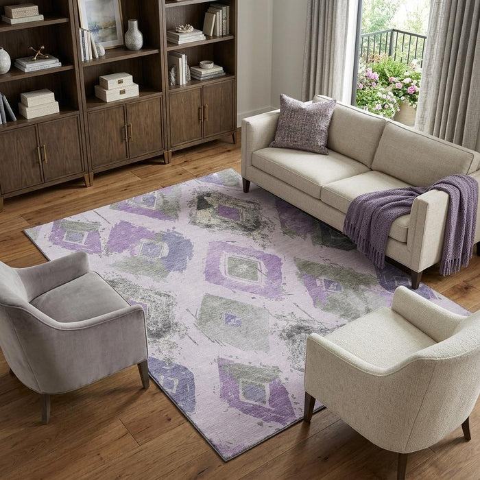 10' X 14' Abstract Geometric Washable Area Rug With UV Protection (696626) - Lavender / Ivory / Gray