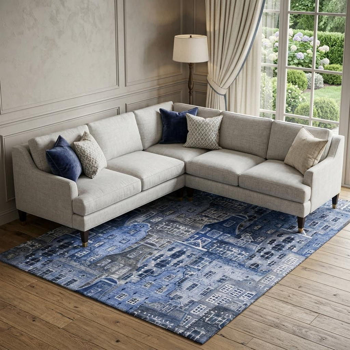 10' X 14' Abstract Geometric Washable Area Rug With UV Protection (650872) - Blue / Gray / Ivory