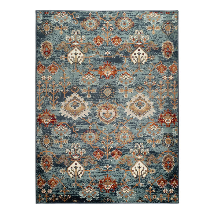 9' x 12' Oriental Power Loom Area Rug - Teal Rust And Orange