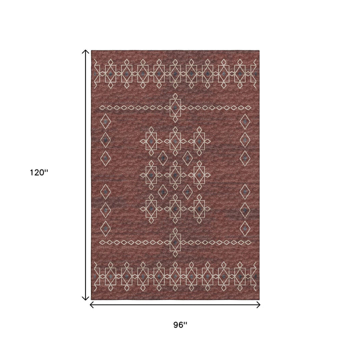 8' X 10' Tribal Washable Area Rug With UV Protection (644812) - Burnt Sienna / Ivory / Black
