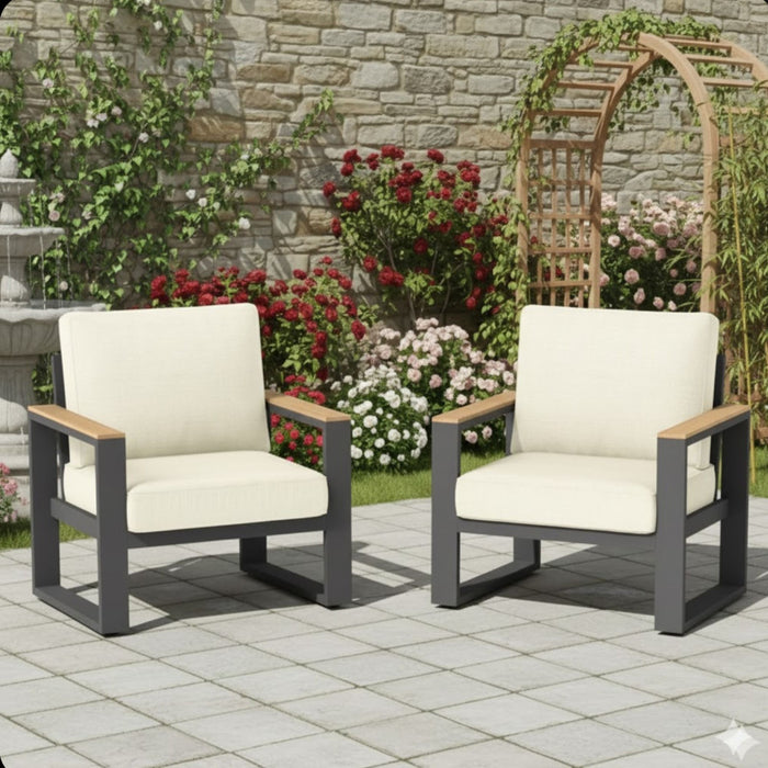 Giga all-weather patio armchairs with thick cushions, set of 2, featuring durable frames and comfortable seating for outdoor use