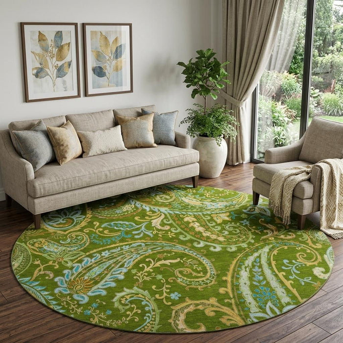 8' Paisley Washable Round Rug With UV Protection (647971) - Green / Blue