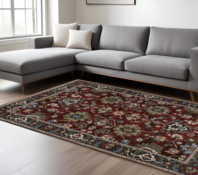10' X 13' Oriental Area Rug With Fringe - Red And Charcoal